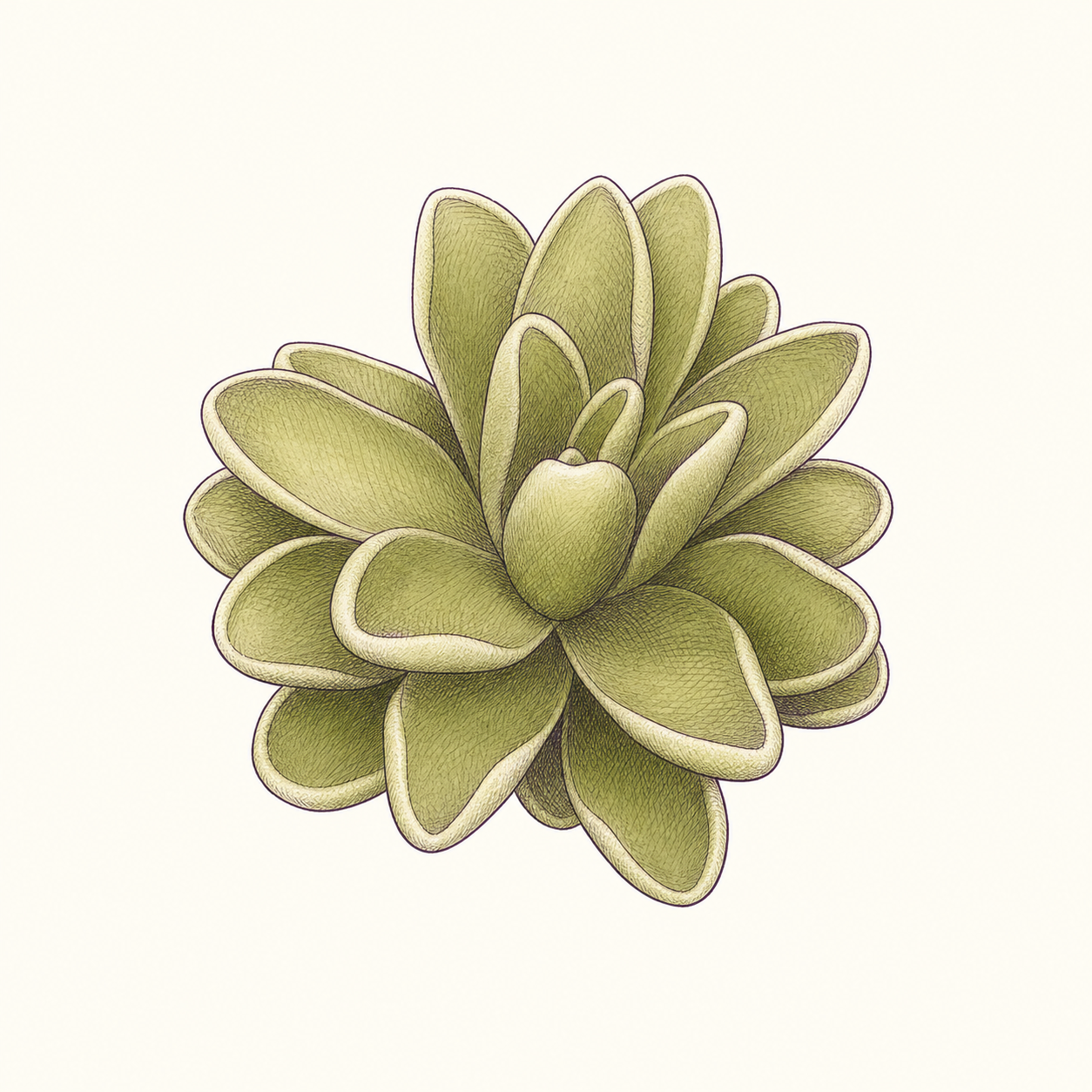 Botanical illustration based on the grower's Pinguicula esseriana, showing its compact rosette of overlapping leaves.