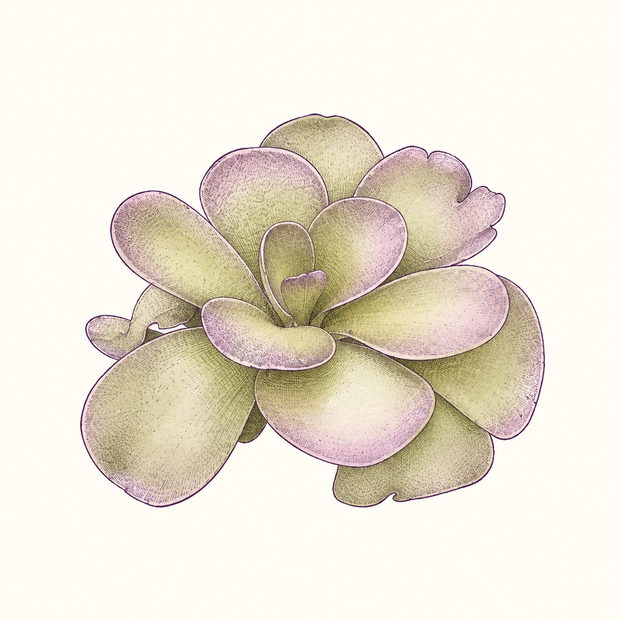 Botanical illustration based on the grower's Pinguicula 'Johanna', showing its rounded, overlapping rosette leaves.