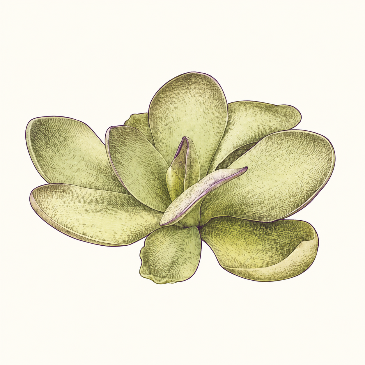 Botanical illustration based on the grower's Pinguicula 'Leilani', with broad leaves and restrained lavender accents.