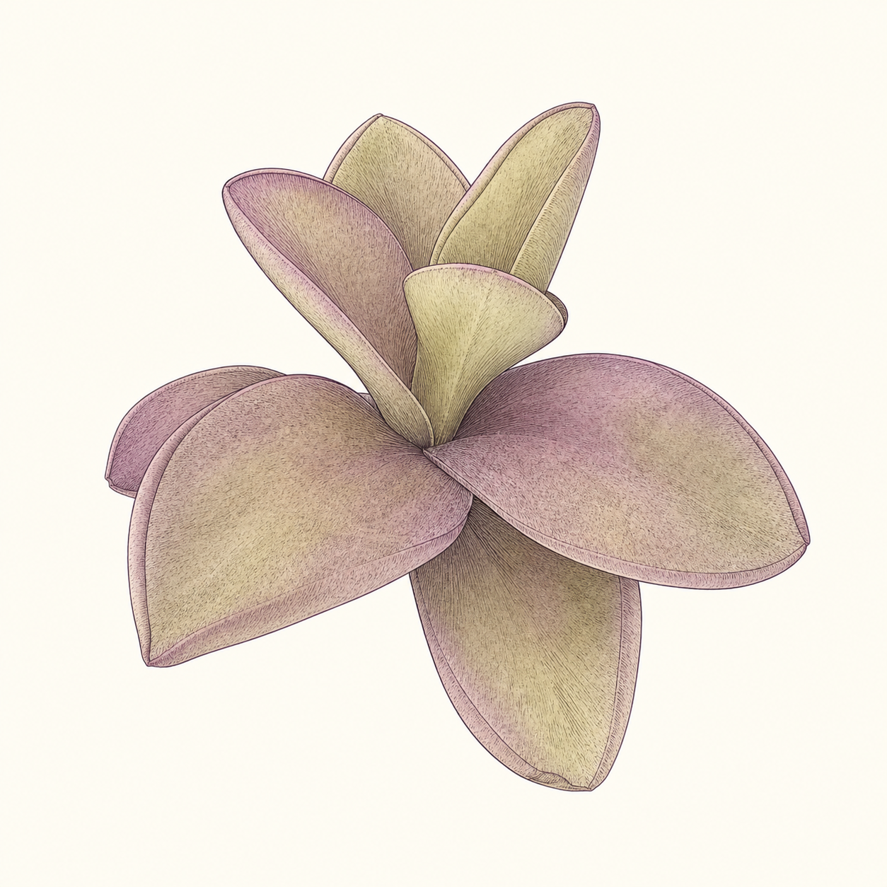 Botanical illustration based on the grower's Pinguicula 'Pirouette', with broad, overlapping leaves.